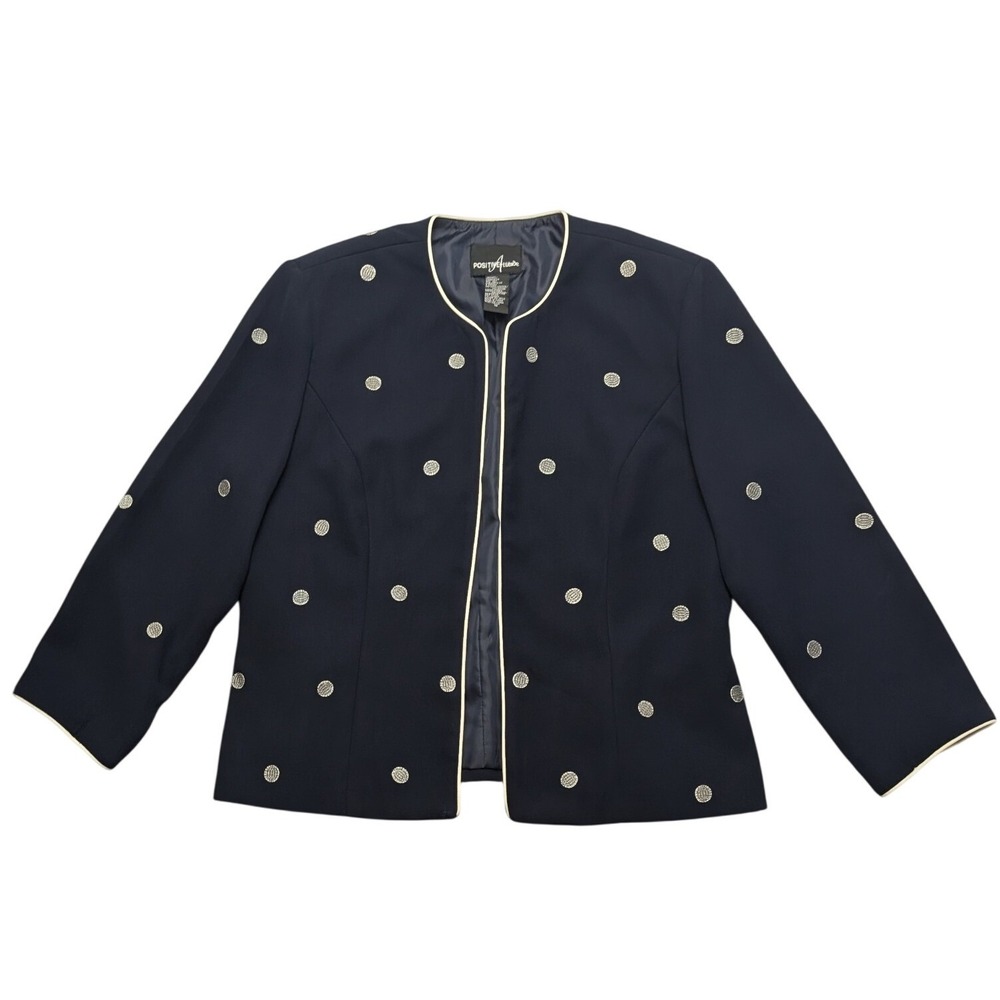 Positive Attitude Blazer Jacket Womens 12 Navy Blue Silver Polka Dot Open Front